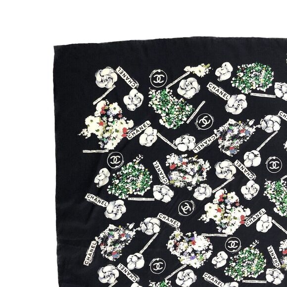 CHANEL Vintage Camellia & CC Logo Black Silk Scarf - Picture 7 of 8